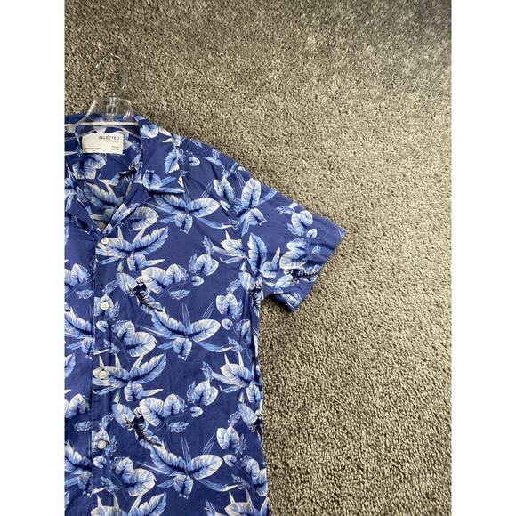 Selected Homme Shirt Mens Large 16.5 Blue White Hawaiian Casual Button Up - Picture 3 of 12